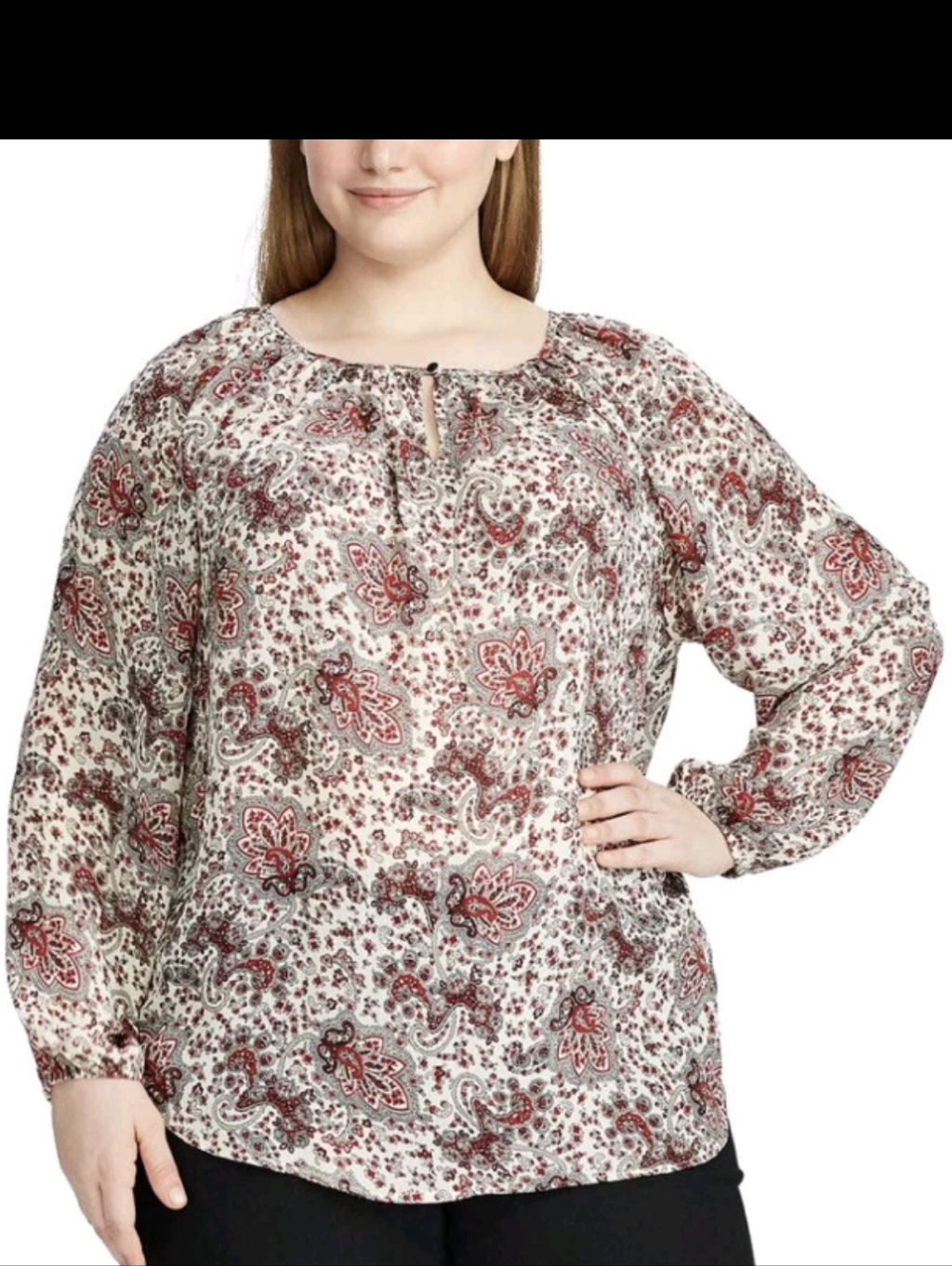 Chaps Womens Plus Size 2x Split Neck Blouse Top Chiffon Paisley Cream Red New